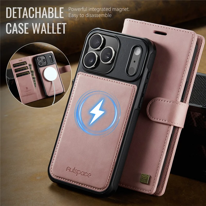 AUTSPACE A05 For iPhone 17 Pro Case Wallet Stand Detachable Leather Magnetic Phone Cover - Pink