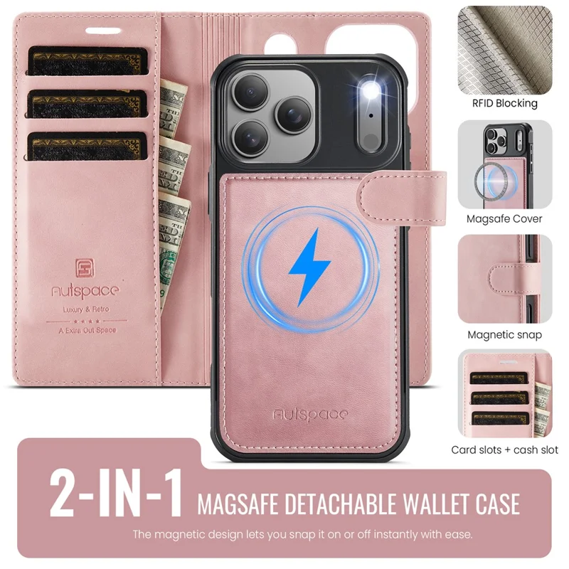 AUTSPACE A05 For iPhone 17 Pro Case Wallet Stand Detachable Leather Magnetic Phone Cover - Pink