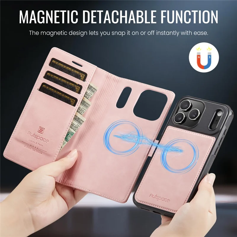 AUTSPACE A05 For iPhone 17 Pro Case Wallet Stand Detachable Leather Magnetic Phone Cover - Pink