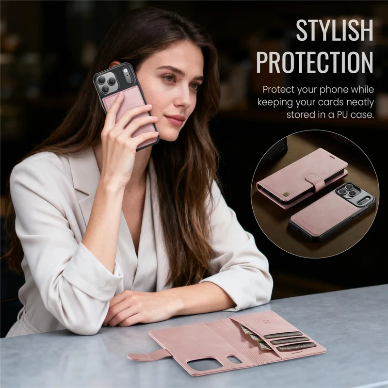 AUTSPACE A05 For iPhone 17 Pro Case Wallet Stand Detachable Leather Magnetic Phone Cover - Pink