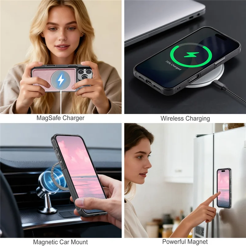 AUTSPACE A05 For iPhone 17 Pro Case Wallet Stand Detachable Leather Magnetic Phone Cover - Pink