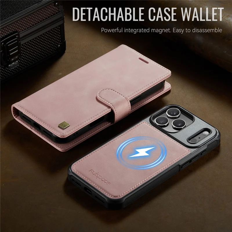 AUTSPACE A05 For iPhone 17 Pro Case Wallet Stand Detachable Leather Magnetic Phone Cover - Pink