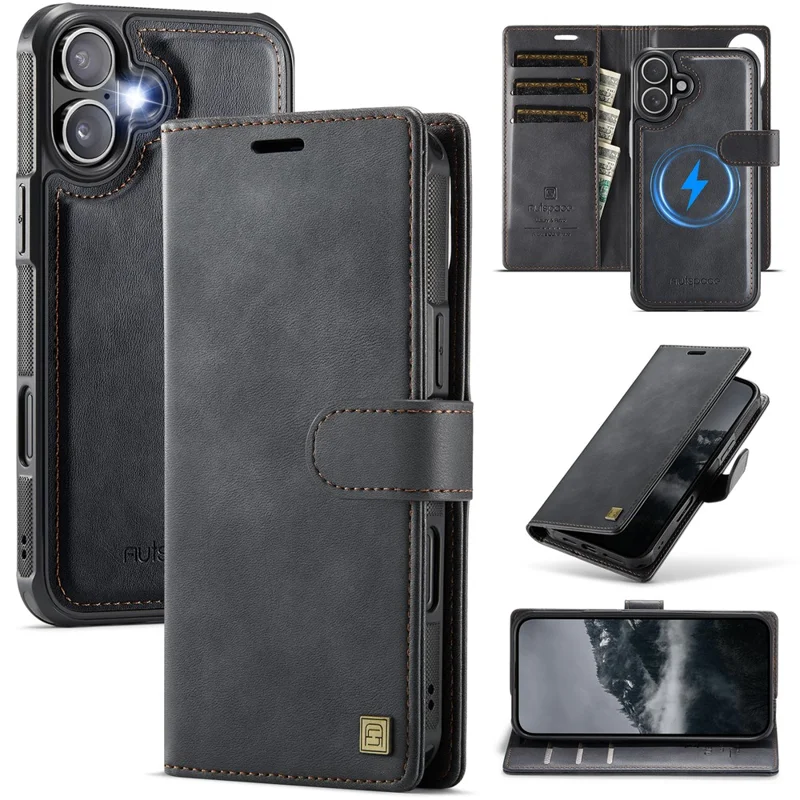 AUTSPACE A05 For iPhone 16 Case Wallet Stand Detachable Leather Magnetic Phone Cover - Black