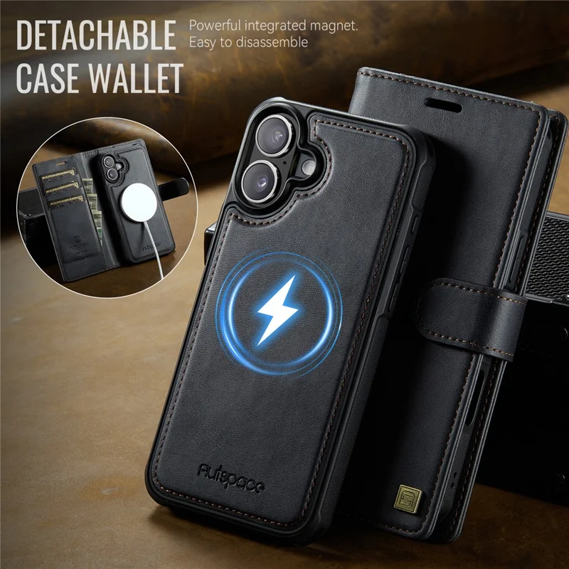 AUTSPACE A05 For iPhone 16 Case Wallet Stand Detachable Leather Magnetic Phone Cover - Black