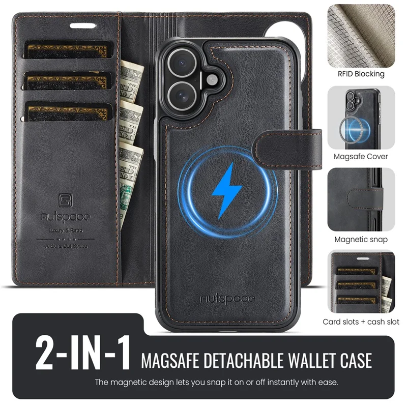 AUTSPACE A05 For iPhone 16 Case Wallet Stand Detachable Leather Magnetic Phone Cover - Black