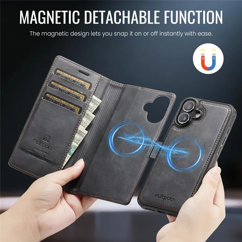 AUTSPACE A05 For iPhone 16 Case Wallet Stand Detachable Leather Magnetic Phone Cover - Black