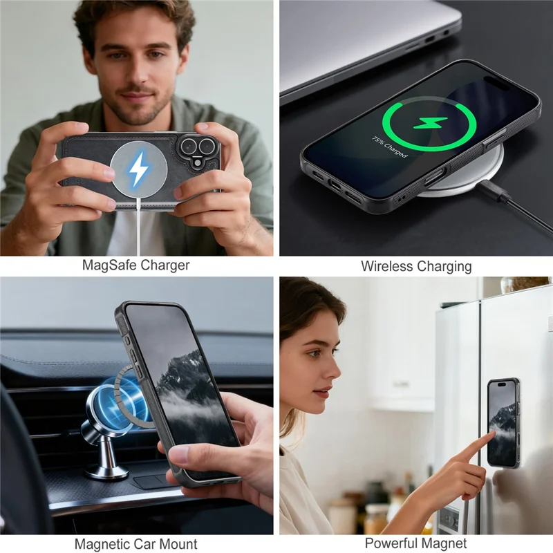 AUTSPACE A05 For iPhone 16 Case Wallet Stand Detachable Leather Magnetic Phone Cover - Black