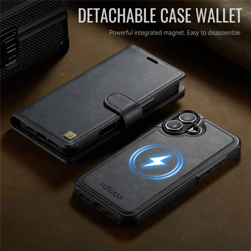 AUTSPACE A05 For iPhone 16 Case Wallet Stand Detachable Leather Magnetic Phone Cover - Black