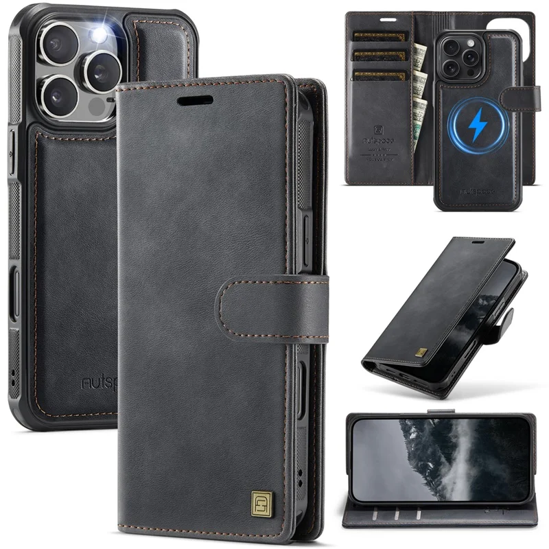 AUTSPACE A05 For iPhone 16 Pro Case Wallet Stand Detachable Leather Magnetic Phone Cover - Black