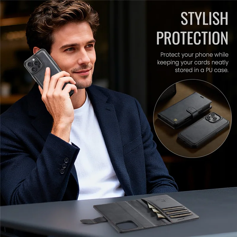 AUTSPACE A05 For iPhone 16 Pro Case Wallet Stand Detachable Leather Magnetic Phone Cover - Black