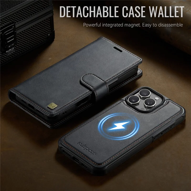 AUTSPACE A05 For iPhone 16 Pro Case Wallet Stand Detachable Leather Magnetic Phone Cover - Black