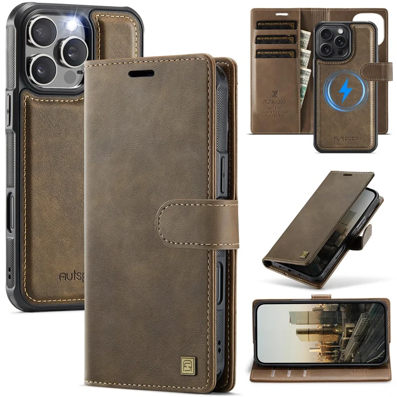 AUTSPACE A05 For iPhone 16 Pro Max Case Wallet Stand Detachable Leather Magnetic Phone Cover - Coffee