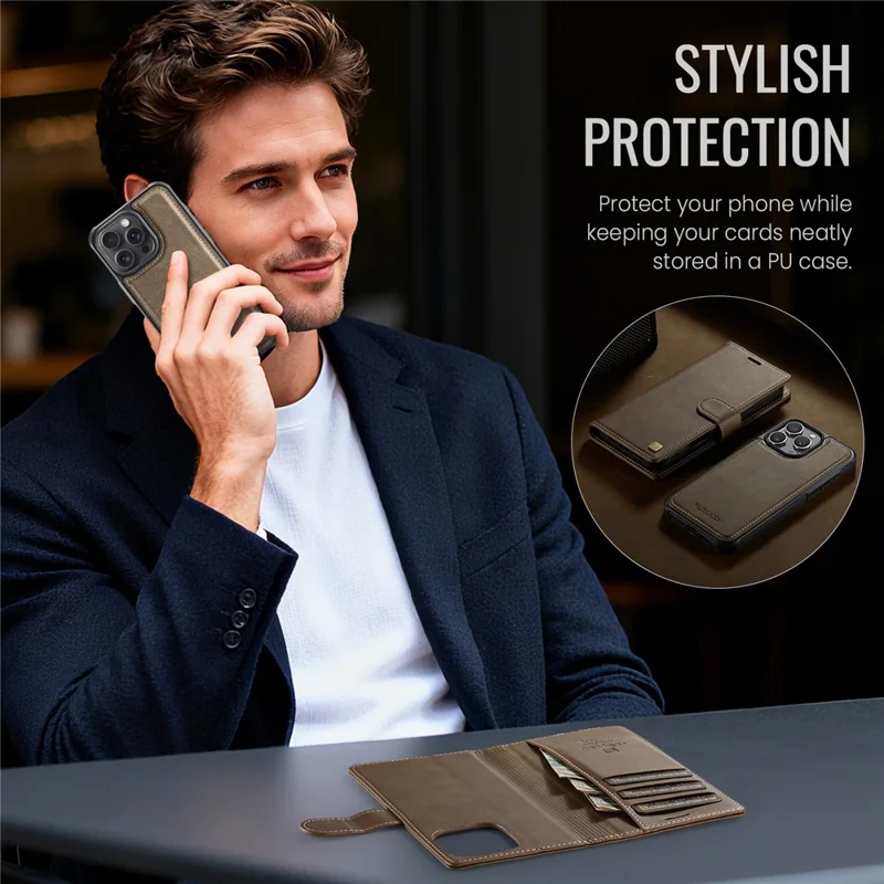 AUTSPACE A05 For iPhone 16 Pro Max Case Wallet Stand Detachable Leather Magnetic Phone Cover - Coffee