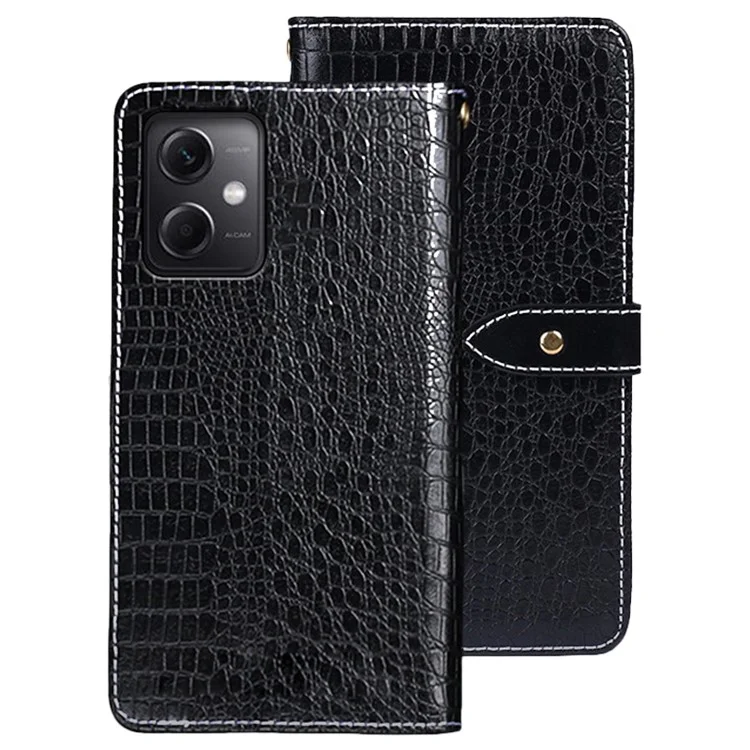 Idewei Per Xiaomi Redmi Nota 12 5G PU Leather Telefono Affronta Shock Case Crocodile Texture Smartphone Flip Stand Wallet Cover - Nero
