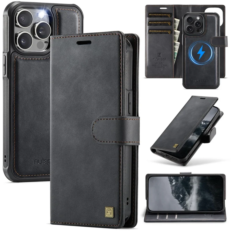 AUTSPACE A05 For iPhone 14 Pro Max Case Wallet Stand Detachable Leather Magnetic Phone Cover - Black