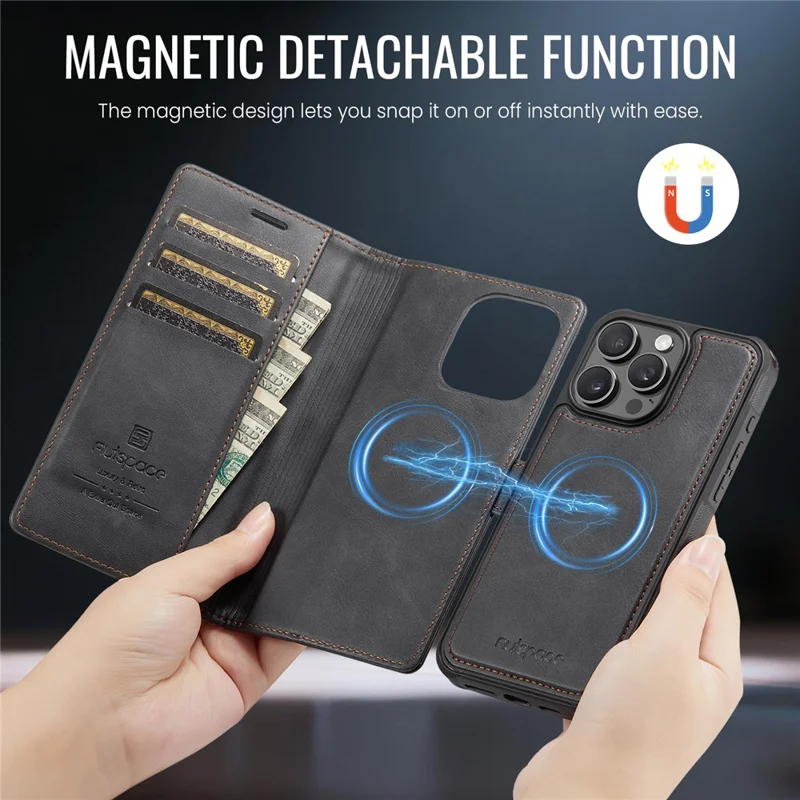 AUTSPACE A05 For iPhone 14 Pro Max Case Wallet Stand Detachable Leather Magnetic Phone Cover - Black