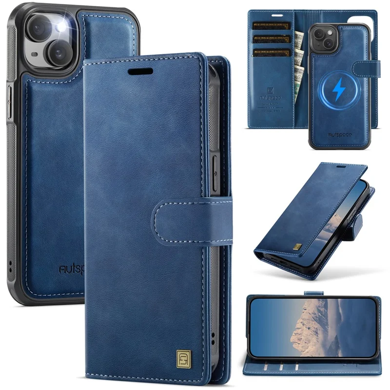 AUTSPACE A05 For iPhone 14 / 13 Case Wallet Stand Detachable Leather Magnetic Phone Cover - Blue