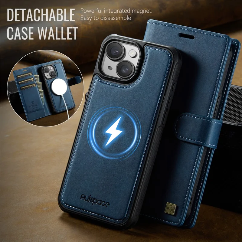 AUTSPACE A05 For iPhone 14 / 13 Case Wallet Stand Detachable Leather Magnetic Phone Cover - Blue