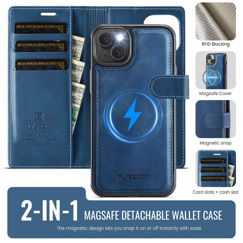 AUTSPACE A05 For iPhone 14 / 13 Case Wallet Stand Detachable Leather Magnetic Phone Cover - Blue