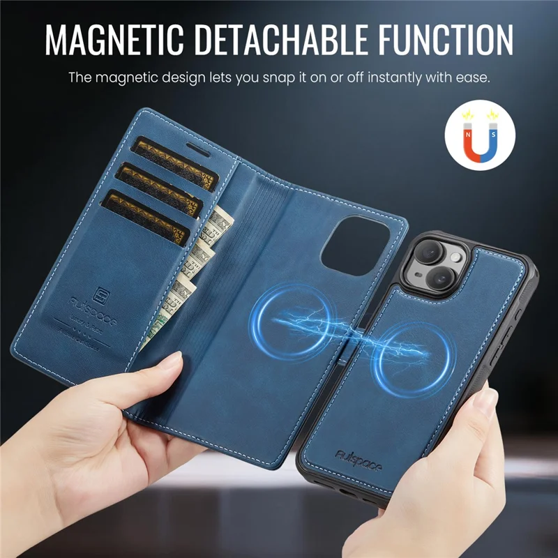 AUTSPACE A05 For iPhone 14 / 13 Case Wallet Stand Detachable Leather Magnetic Phone Cover - Blue