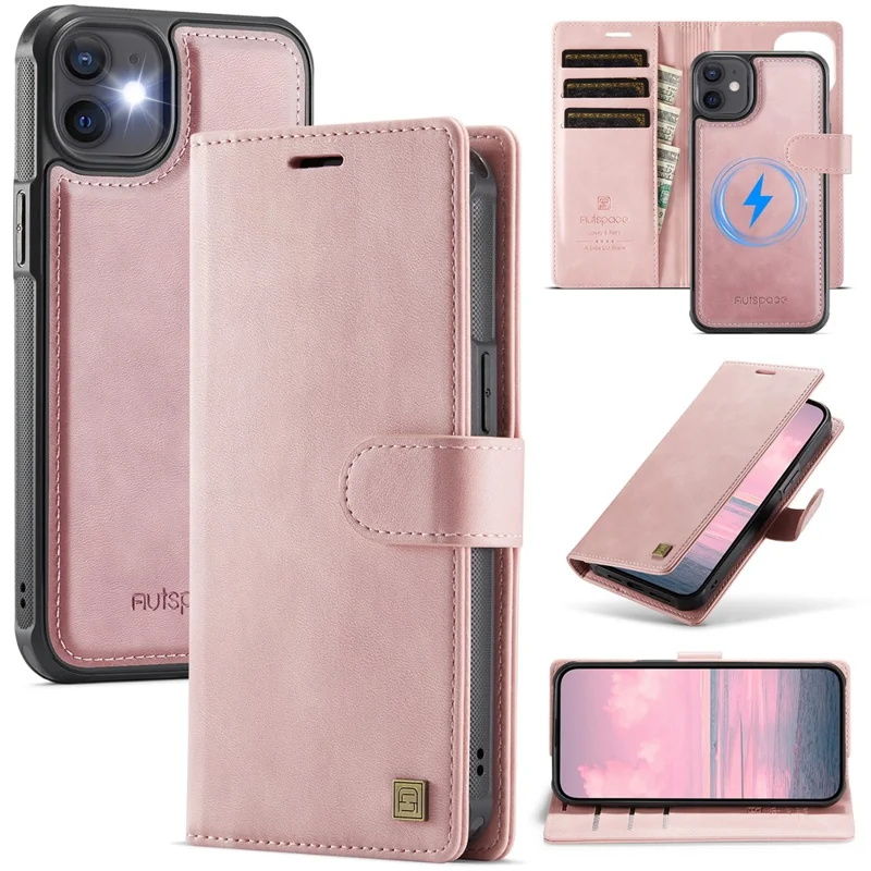 AUTSPACE A05 For iPhone 12 Pro / 12 Case Wallet Stand Detachable Leather Magnetic Phone Cover - Pink