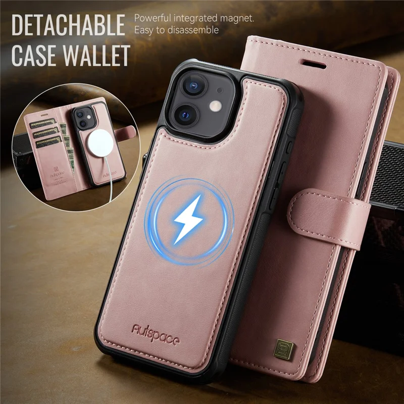 AUTSPACE A05 For iPhone 12 Pro / 12 Case Wallet Stand Detachable Leather Magnetic Phone Cover - Pink