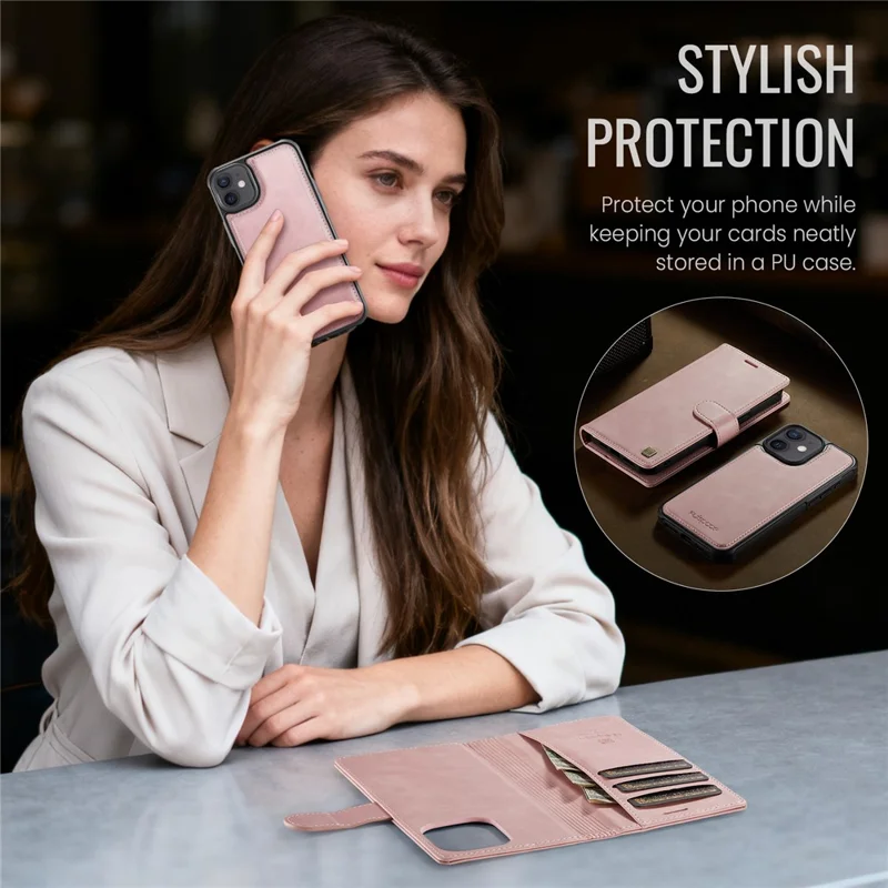 AUTSPACE A05 For iPhone 12 Pro / 12 Case Wallet Stand Detachable Leather Magnetic Phone Cover - Pink