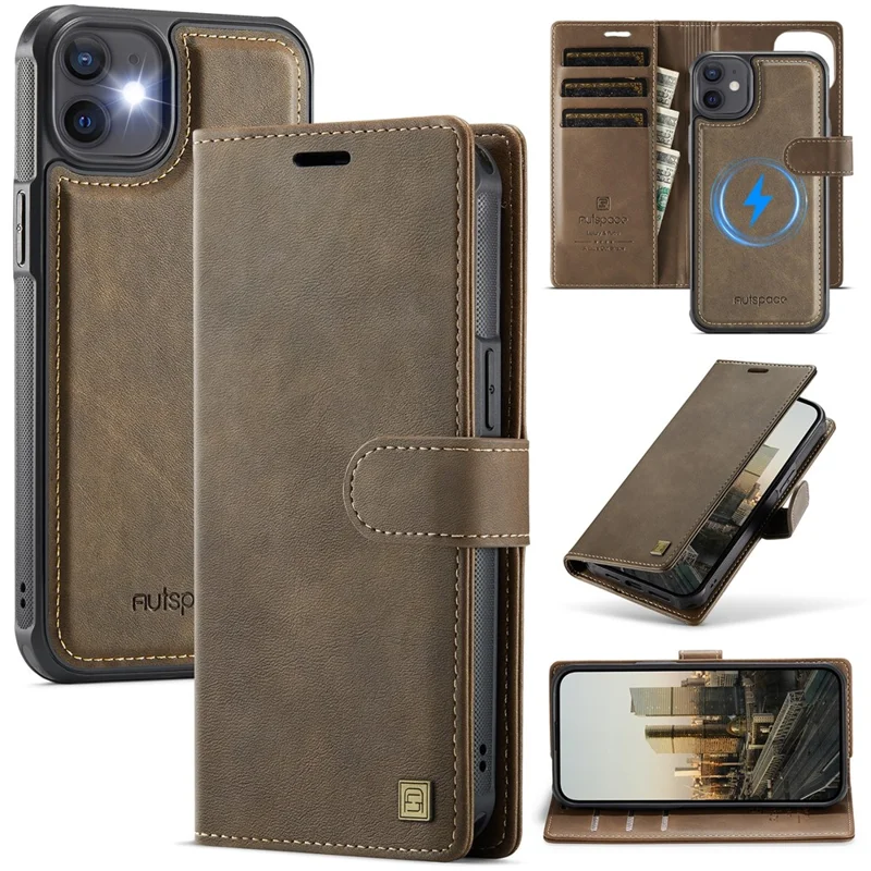 AUTSPACE A05 For iPhone 12 Pro / 12 Case Wallet Stand Detachable Leather Magnetic Phone Cover - Coffee