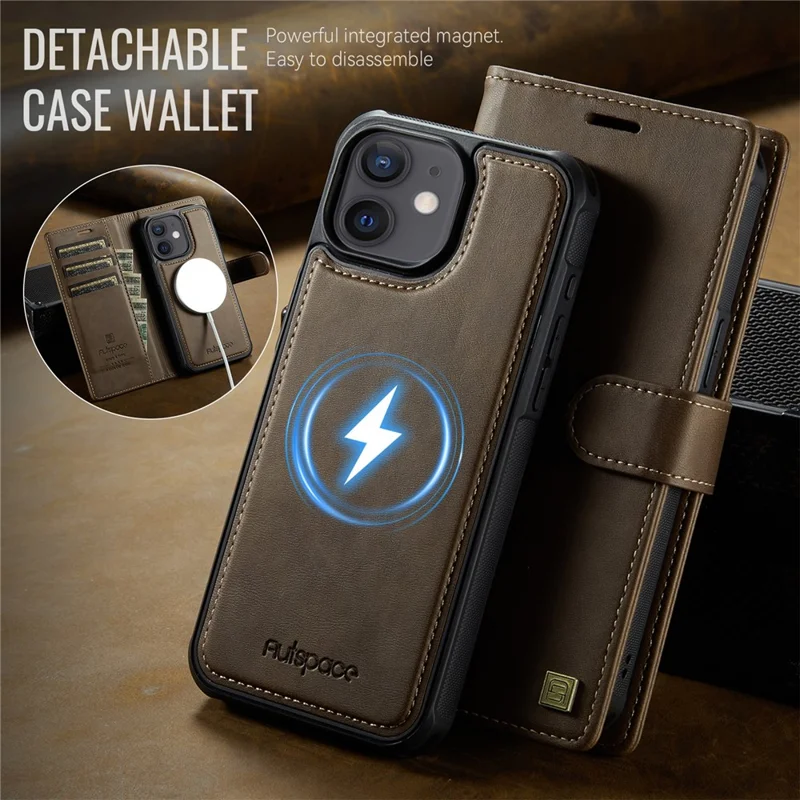 AUTSPACE A05 For iPhone 12 Pro / 12 Case Wallet Stand Detachable Leather Magnetic Phone Cover - Coffee