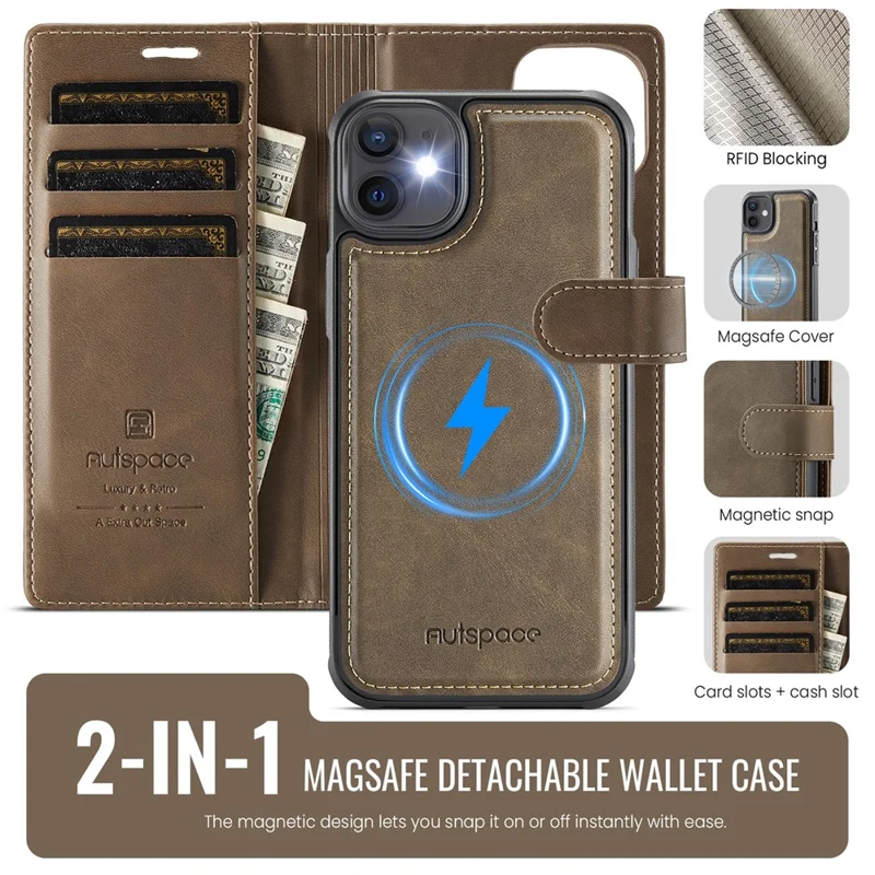 AUTSPACE A05 For iPhone 12 Pro / 12 Case Wallet Stand Detachable Leather Magnetic Phone Cover - Coffee