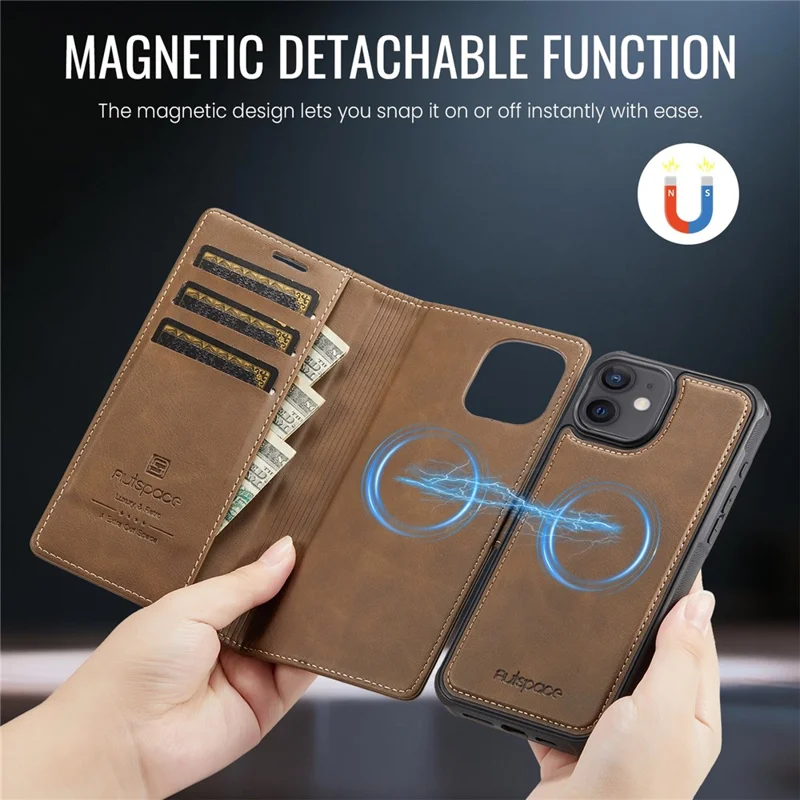 AUTSPACE A05 For iPhone 12 Pro / 12 Case Wallet Stand Detachable Leather Magnetic Phone Cover - Coffee