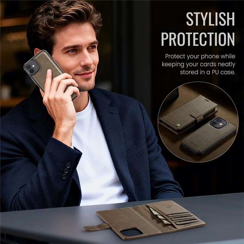 AUTSPACE A05 For iPhone 12 Pro / 12 Case Wallet Stand Detachable Leather Magnetic Phone Cover - Coffee