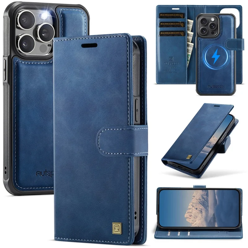 AUTSPACE A05 For iPhone 12 Pro Max Case Wallet Stand Detachable Leather Magnetic Phone Cover - Blue