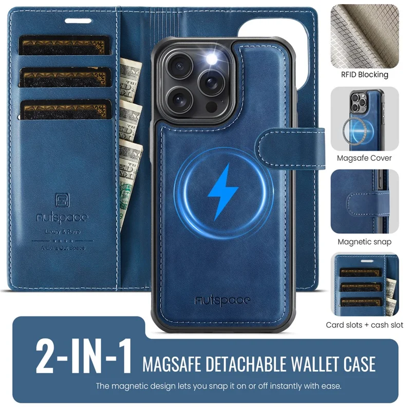 AUTSPACE A05 For iPhone 12 Pro Max Case Wallet Stand Detachable Leather Magnetic Phone Cover - Blue