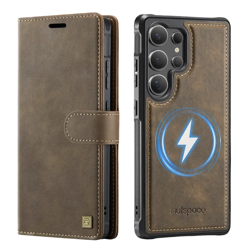 AUTSPACE A05 For Samsung Galaxy S24 Ultra Case Wallet Stand Detachable Leather Magnetic Phone Cover - Coffee