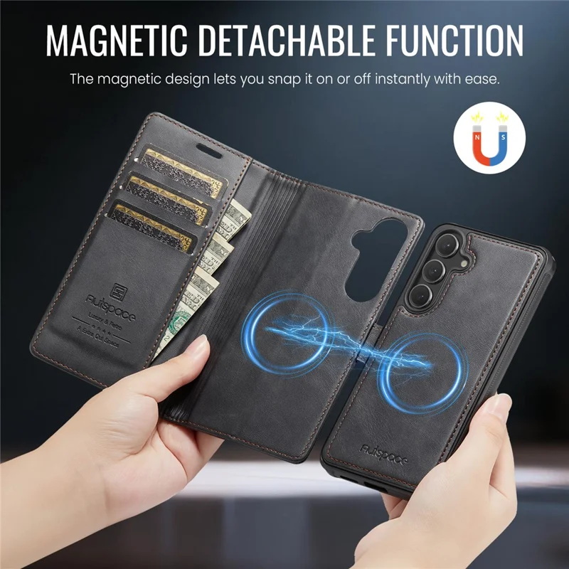 AUTSPACE A05 For Samsung Galaxy S24 FE Case Wallet Stand Detachable Leather Magnetic Phone Cover - Black