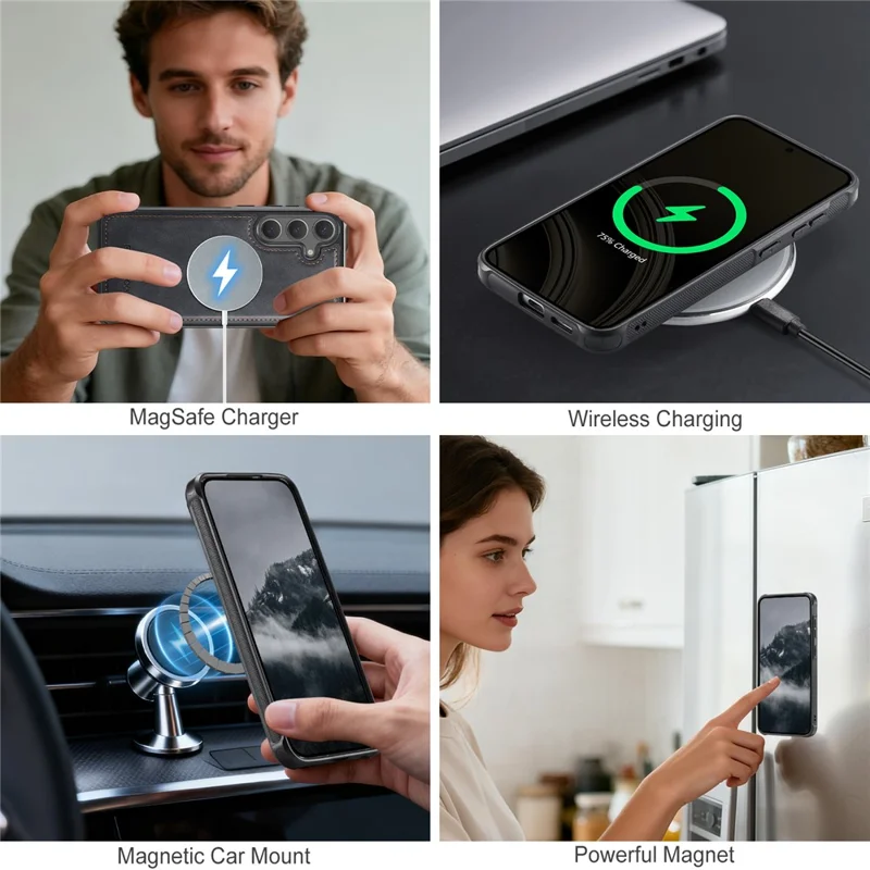 AUTSPACE A05 For Samsung Galaxy S24 FE Case Wallet Stand Detachable Leather Magnetic Phone Cover - Black