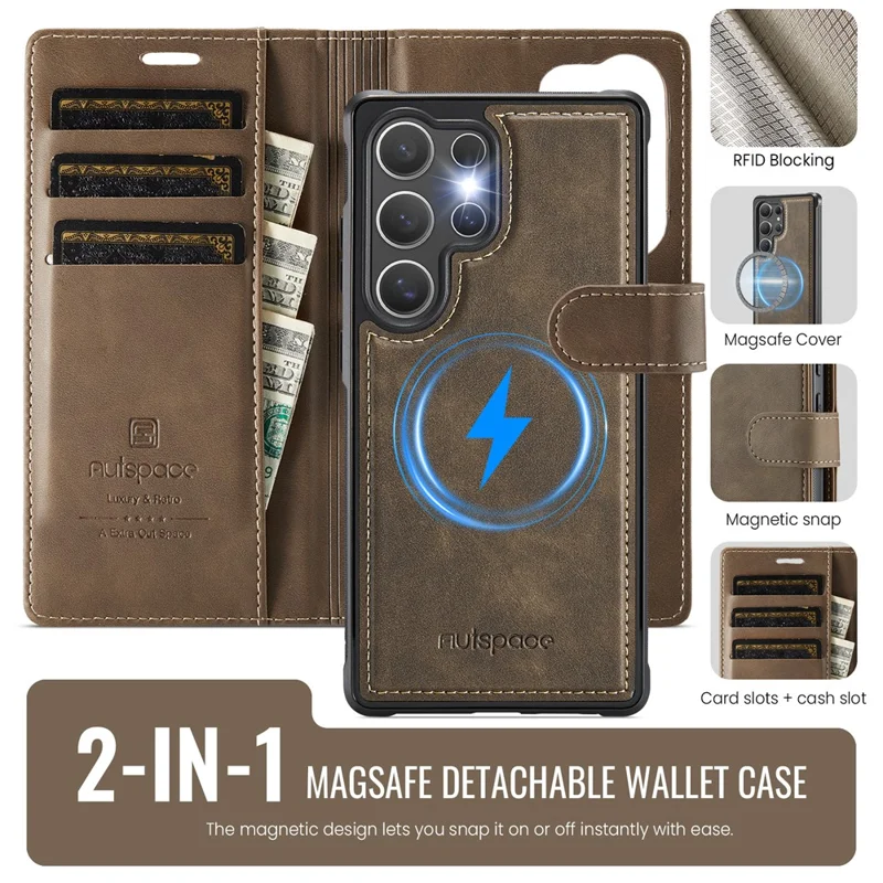 AUTSPACE A05 For Samsung Galaxy S25 Ultra Case Wallet Stand Detachable Leather Magnetic Phone Cover - Coffee