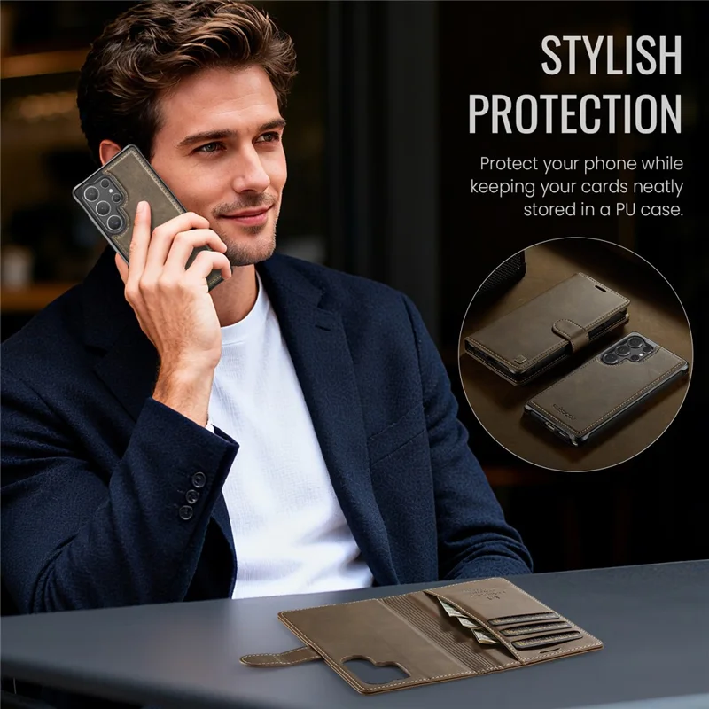 AUTSPACE A05 For Samsung Galaxy S25 Ultra Case Wallet Stand Detachable Leather Magnetic Phone Cover - Coffee