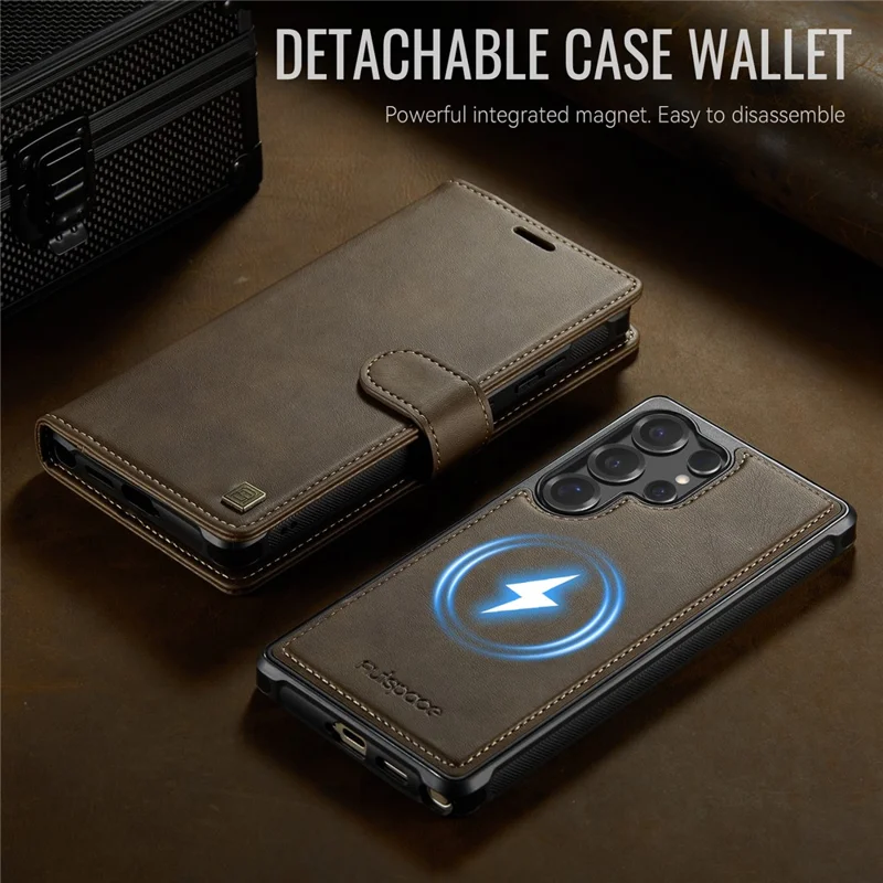 AUTSPACE A05 For Samsung Galaxy S25 Ultra Case Wallet Stand Detachable Leather Magnetic Phone Cover - Coffee