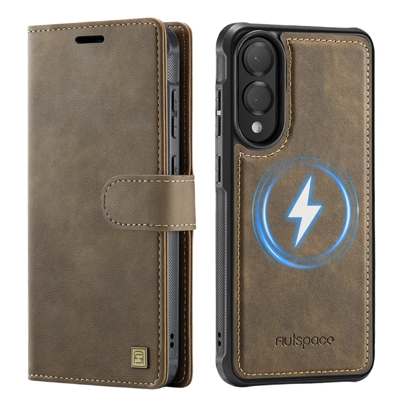 AUTSPACE A05 For Samsung Galaxy S25 Edge Case Wallet Stand Detachable Leather Magnetic Phone Cover - Coffee