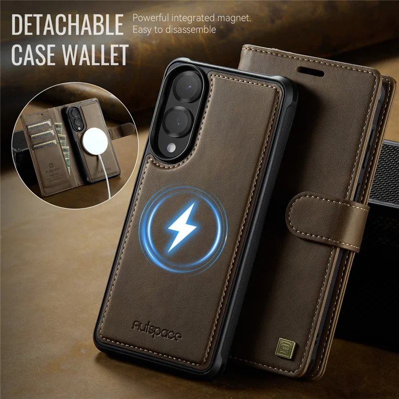 AUTSPACE A05 For Samsung Galaxy S25 Edge Case Wallet Stand Detachable Leather Magnetic Phone Cover - Coffee