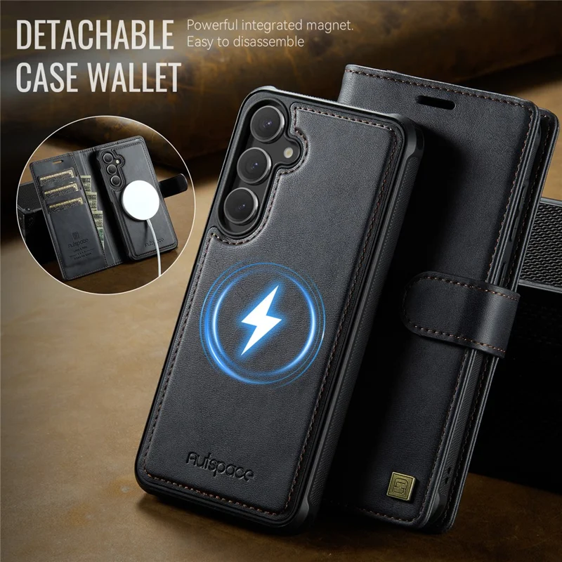 AUTSPACE A05 For Samsung Galaxy S25 FE Case Wallet Stand Detachable Leather Magnetic Phone Cover - Black