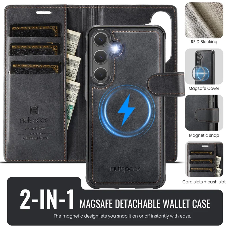 AUTSPACE A05 For Samsung Galaxy S25 FE Case Wallet Stand Detachable Leather Magnetic Phone Cover - Black