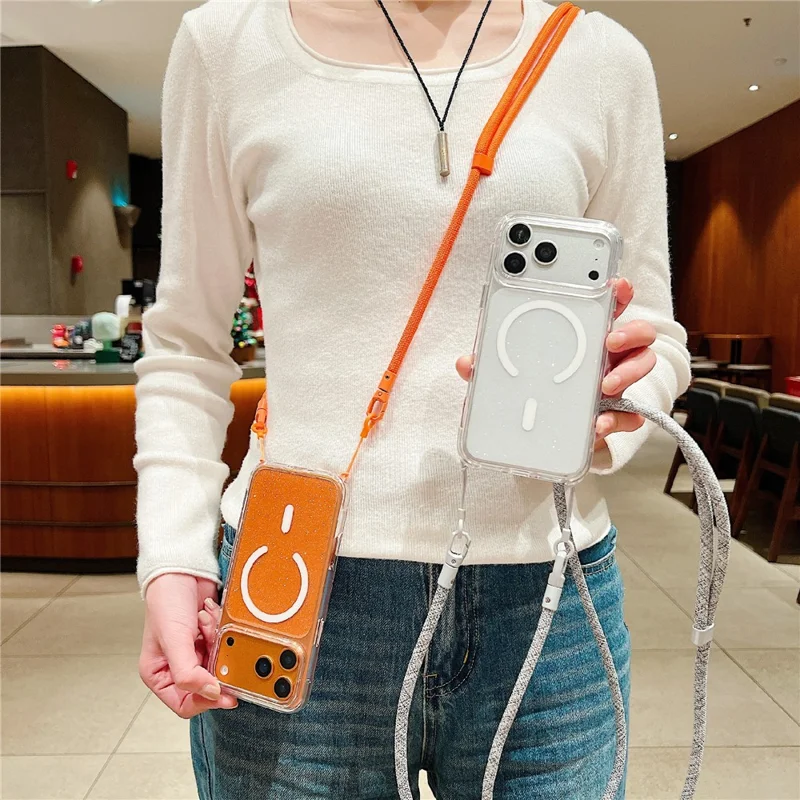 Coque pour iPhone 17 Pro Max compatible MagSafe transparente avec paillettes, housse en TPU acrylique avec dragonne - Orange