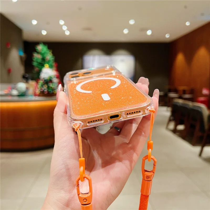 Coque pour iPhone 17 Pro compatible MagSafe, coque transparente avec paillettes, en TPU et acrylique, avec dragonne amovible - Orange