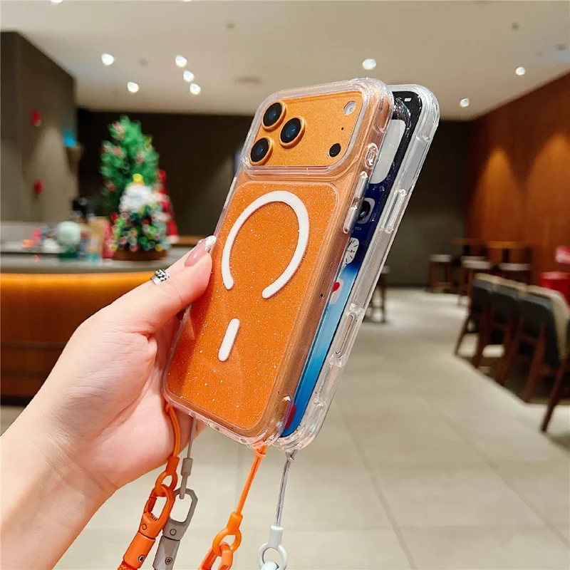 Coque pour iPhone 17 Pro compatible MagSafe, coque transparente avec paillettes, en TPU et acrylique, avec dragonne amovible - Orange