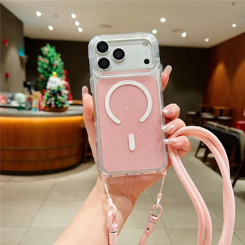 Coque pour iPhone 17 Pro compatible MagSafe, coque transparente avec paillettes, TPU acrylique, avec dragonne - Rose