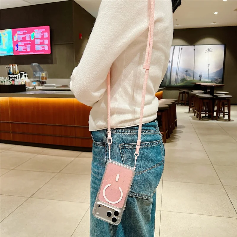 Coque pour iPhone 17 Pro compatible MagSafe, coque transparente avec paillettes, TPU acrylique, avec dragonne - Rose