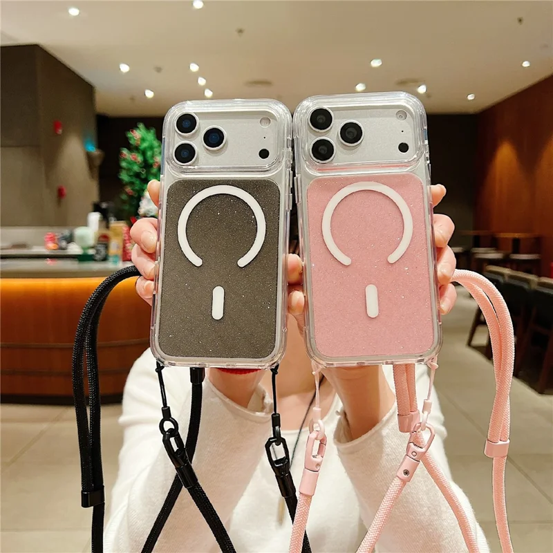 Coque pour iPhone 17 Pro compatible MagSafe, coque transparente avec paillettes, TPU acrylique, avec dragonne - Rose